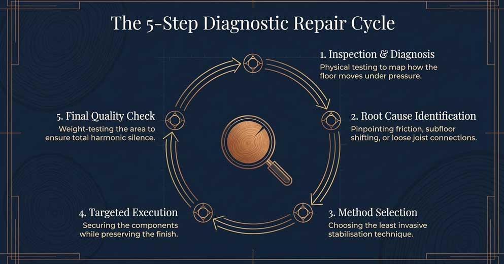 Our squeaky floor repair process Our squeaky floor repair process
